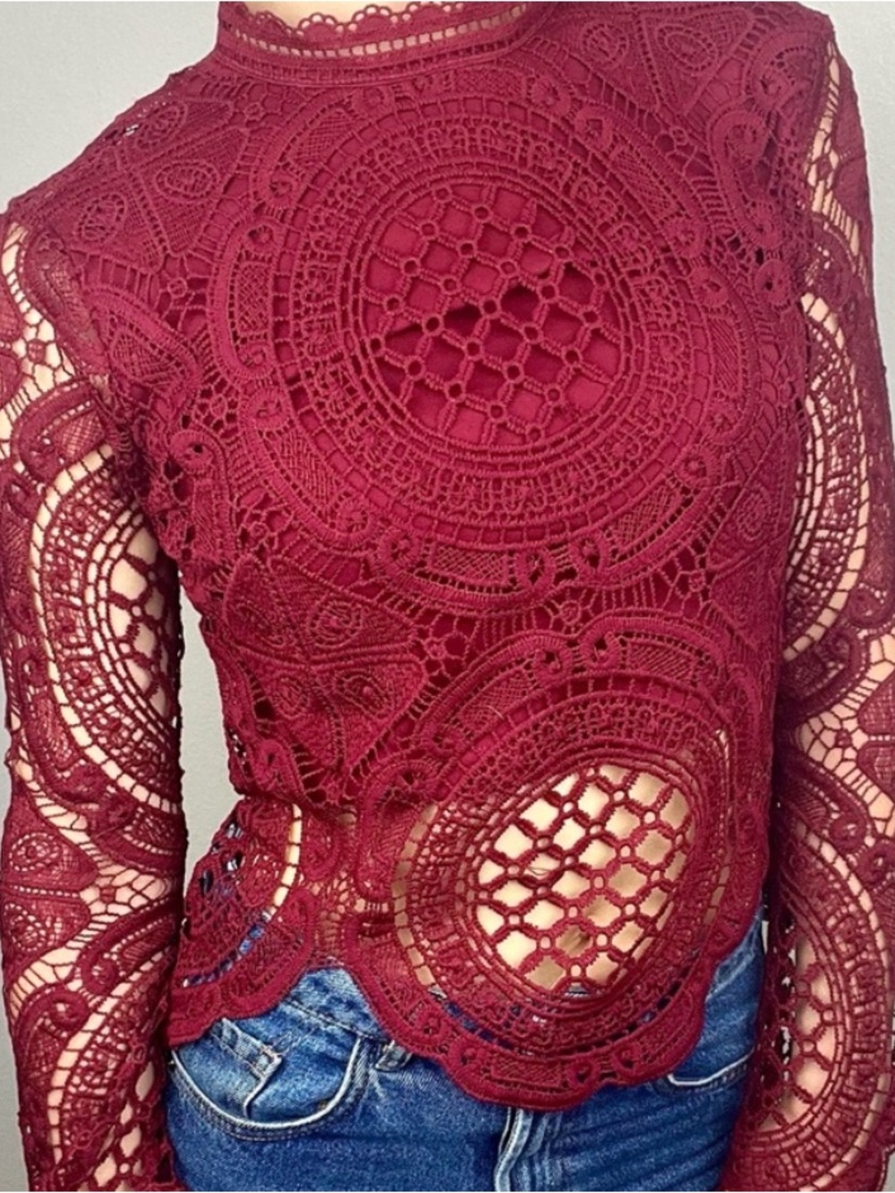 IT’S PINK burgundy boho lace long sleeve shirt